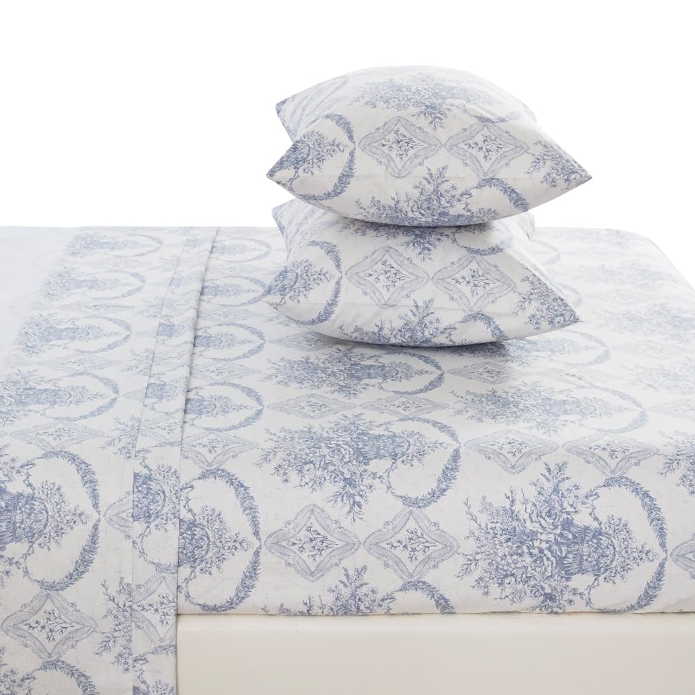 DAUAOTO King Size Cotton Bedding Printed Sheets Set, Up to 14" Deep Mattress, Farmhouse Country Cottage Pattern Bedlinen Sets, French Blue