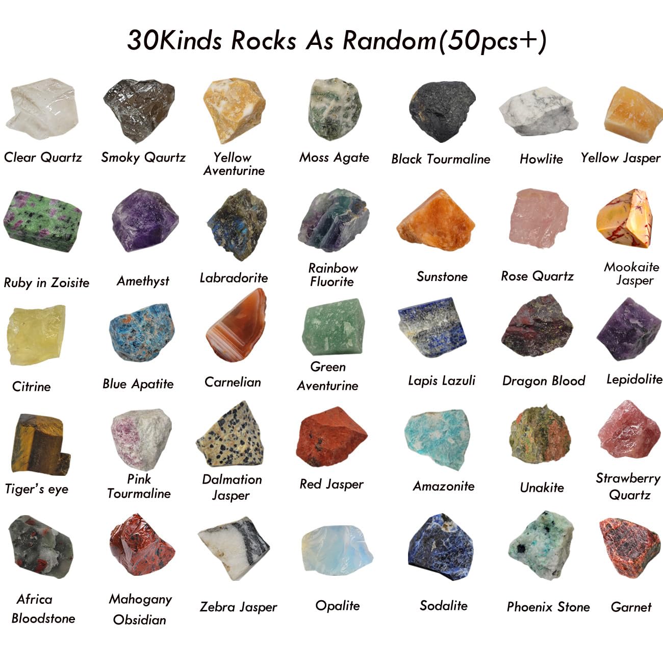 50Pcs+ (3.6lb) Natural Rocks for Tumbling,30Kinds Bulk Gemstone Raw Crystals Rough Stones for Polishing Wicca & Reiki Crystal Healing,Blue Apatite,Black Tourmaline,Citrine (Mix Color)