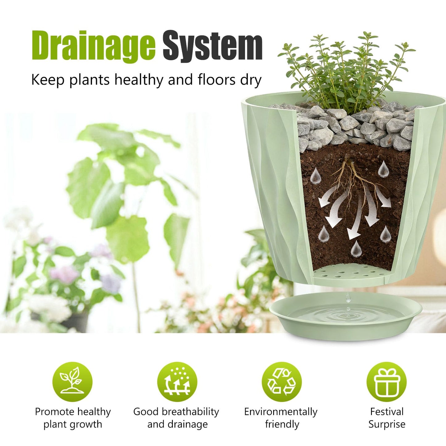 SQKH 8 Inch Plastic Plant Pots,Set of 5 Flower Pots,Planters with Drainage Holes & Saucers, Indoor Outdoor Garden Pots for Home Decor(Green)