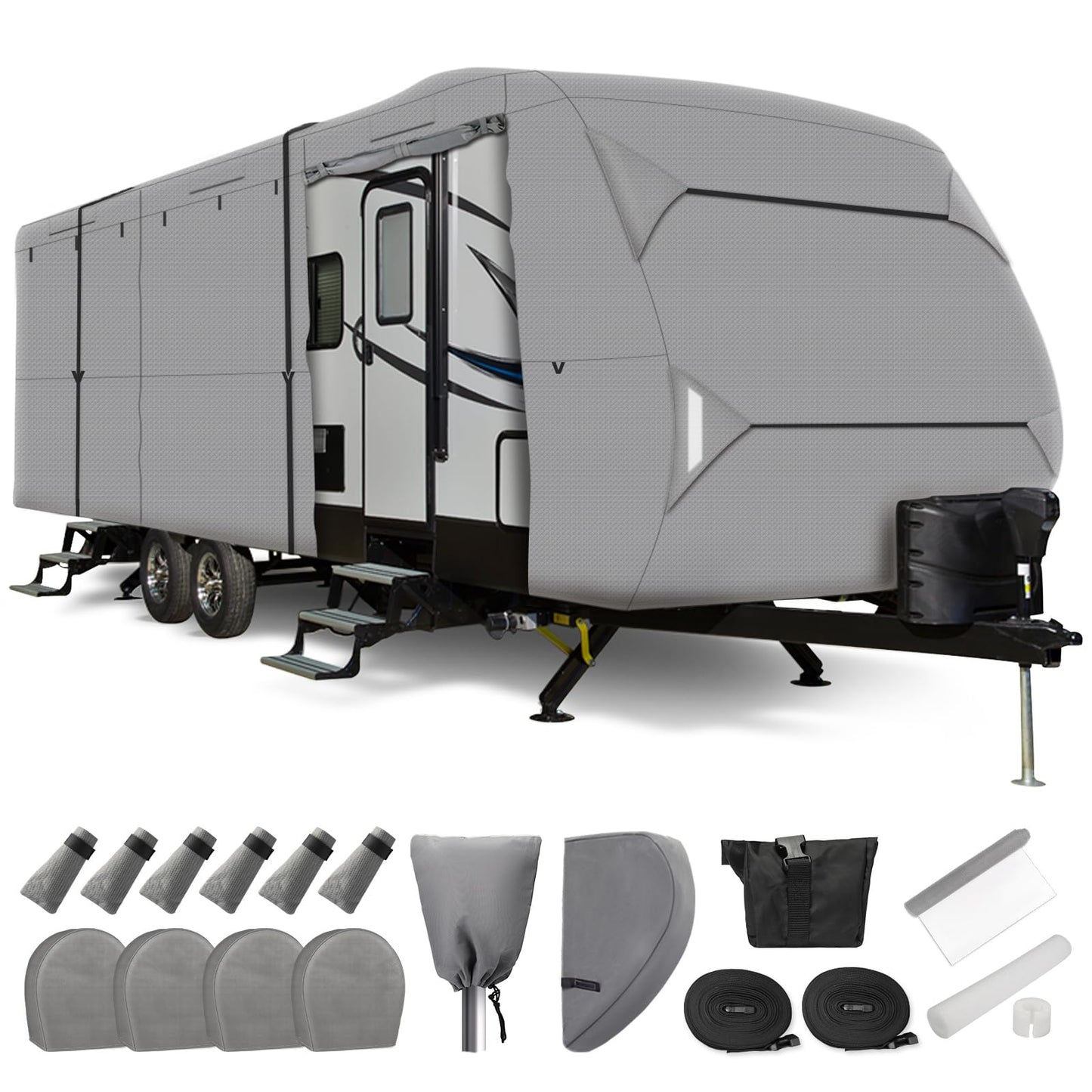 Leader Accessories Windproof RV Cover 27' -30' Travel Trailer Cover Extra Thick Camper Cover - Anti-uv & Ripstop with 4 Tire Covers, Adhesive Repair Patches
