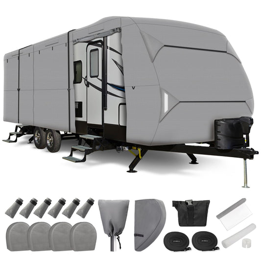 Leader Accessories Windproof RV Cover 27' -30' Travel Trailer Cover Extra Thick Camper Cover - Anti-uv & Ripstop with 4 Tire Covers, Adhesive Repair Patches