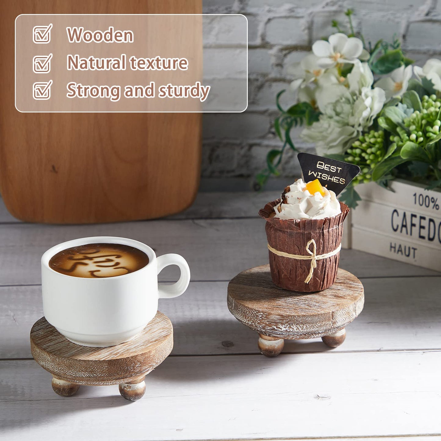 Yalikop Set of 2 Mini Wood Risers for Decor Round Wooden Riser Small Wooden Stool Display Stand Farmhouse Rustic Wood Pedestal for Plant Pot Tiered Tray Decor Cake Food Collection Display(Brown)