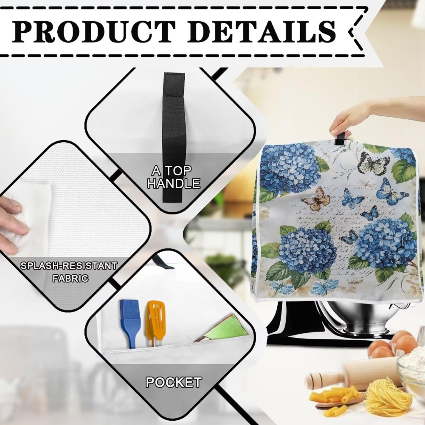 HUISEFOR Butterfly Stand Mixer Cover 4.5-5 Quart Hydrangea Floral Kitchen Appliance Dust Cover Universal for Air Fryers, Coffee Makers Pressure Cooker Mixer Parts & Accessories