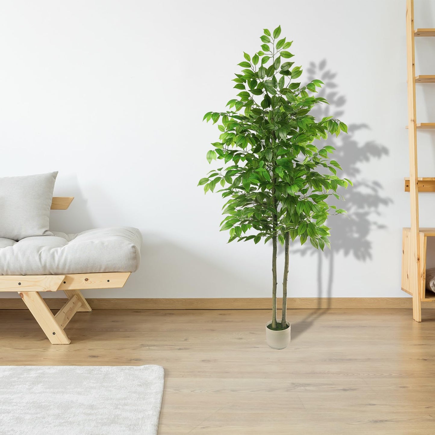 Artificial Ficus Tree 6FT Tall, Artificial Plants Indoor with White Planter Faux Ficus Tree Realistic Faux Silk Plant for Home Office Living Room, Porch, Garden Decor