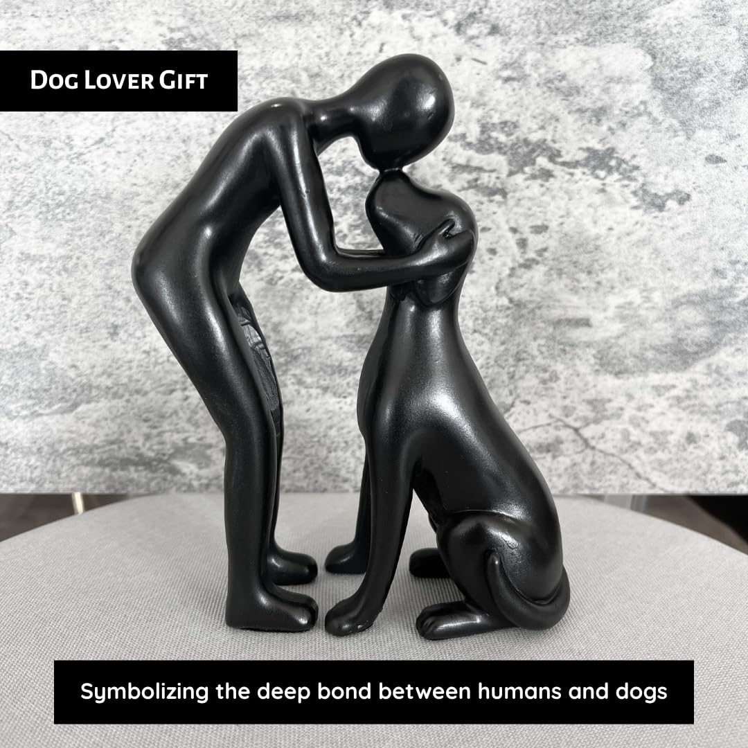 Pozbee Dog Owner Statue 8x6 inch, Black Resin Dogs Sculpture, Loss of Dog Sympathy, Home Office Desk Shelf Decor Accent, Cute Pet Gift for Puppy Moms (Black)