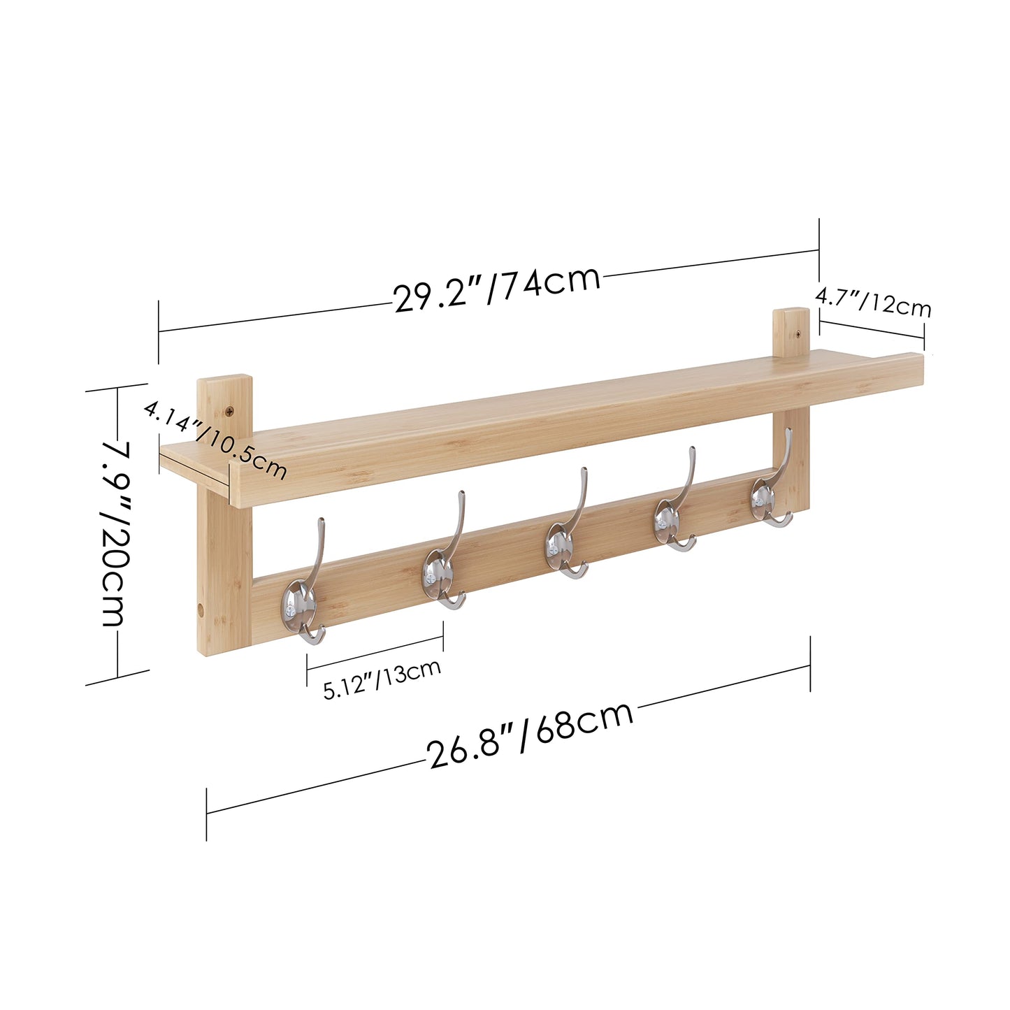 SMIBUY Coat Hooks with Shelf Wall-Mounted, 74 cm Entryway Coat Rack for Wall, Bamboo Hanging Shelf with 5 Double Metal Hooks for Bathroom, Bedroom, Kitchen, Living Room, Mudroom (Natural)
