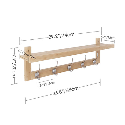 SMIBUY Coat Hooks with Shelf Wall-Mounted, 74 cm Entryway Coat Rack for Wall, Bamboo Hanging Shelf with 5 Double Metal Hooks for Bathroom, Bedroom, Kitchen, Living Room, Mudroom (Natural)