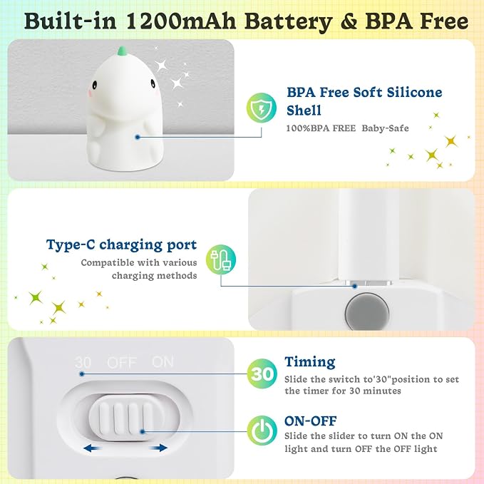 Dinosaur Night Light for Kids, Rechargeable Portable Nightlight, Soft Silicone Touch Night Lamp with 3 Levels Dimmable, Cute Lamp for Nursery, Baby, Kids and Adults Room Decor