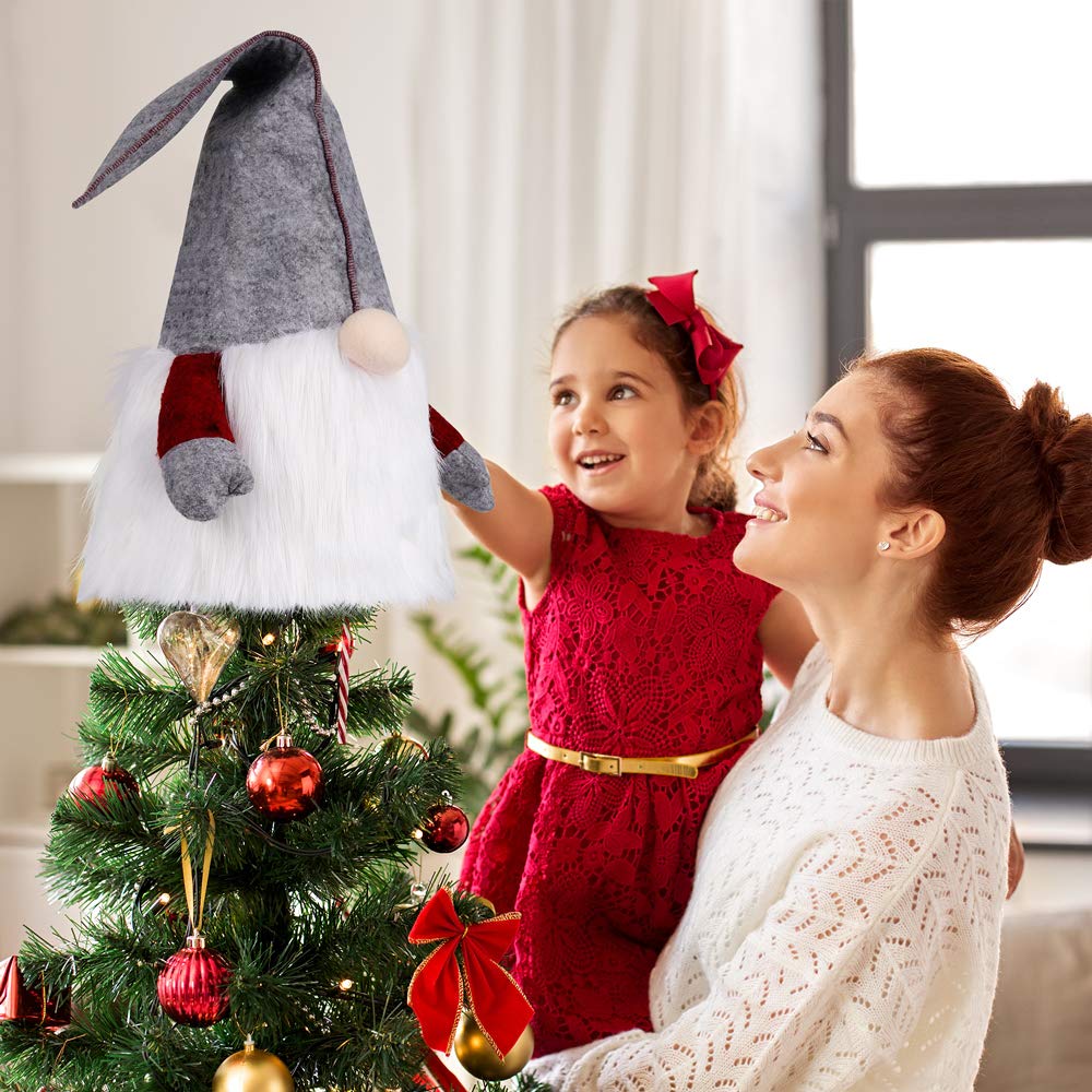 D-FantiX Gnome Christmas Tree Topper, 25 Inch Large Swedish Tomte Gnome Christmas Ornaments Santa Gnomes Plush Scandinavian Christmas Decorations Holiday Home Décor Grey
