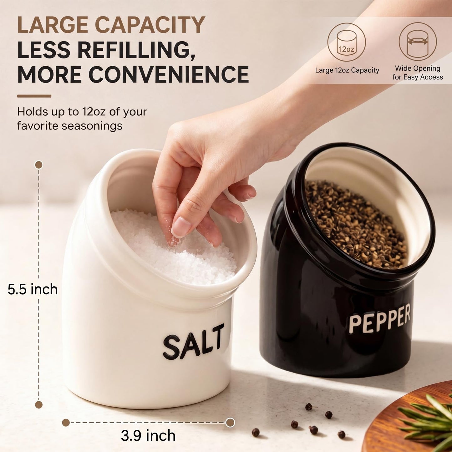 2 Pcs 12 oz Ceramic Salt Pig and Pepper Crock Wide Caliber Salt Pig Pepper Spice Jar Easy Access Containers for for One-hand Use Kitchen Countertop Spices Decor