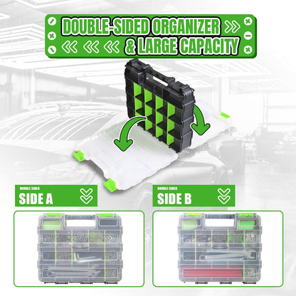 Jack Boss Tool Box with Transparent Lid, Double Side 34-Compartments Organizer Box with Removable Dividers for Hardware, Screws, Bolts, Nails, Beads, Jewelry and Fishing Accessories, Green, 2 Pack