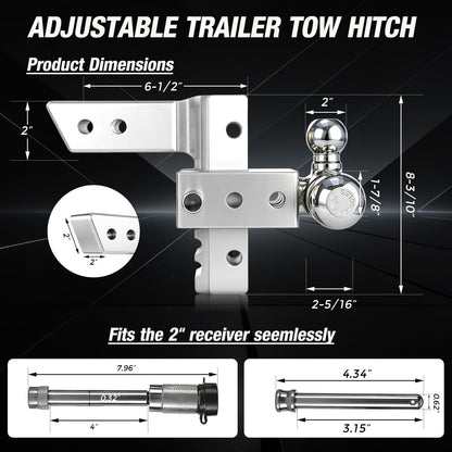 Adjustable Trailer Hitch Fits 2 Inch Receiver 12,500Lbs for Heavy Duty Truck RV with Tri-Ball (1-7/8", 2", 2-5/16") Stainless Steel 6-Inch Drop/Rise Aluminum Towing Ball Mounts (Silver)