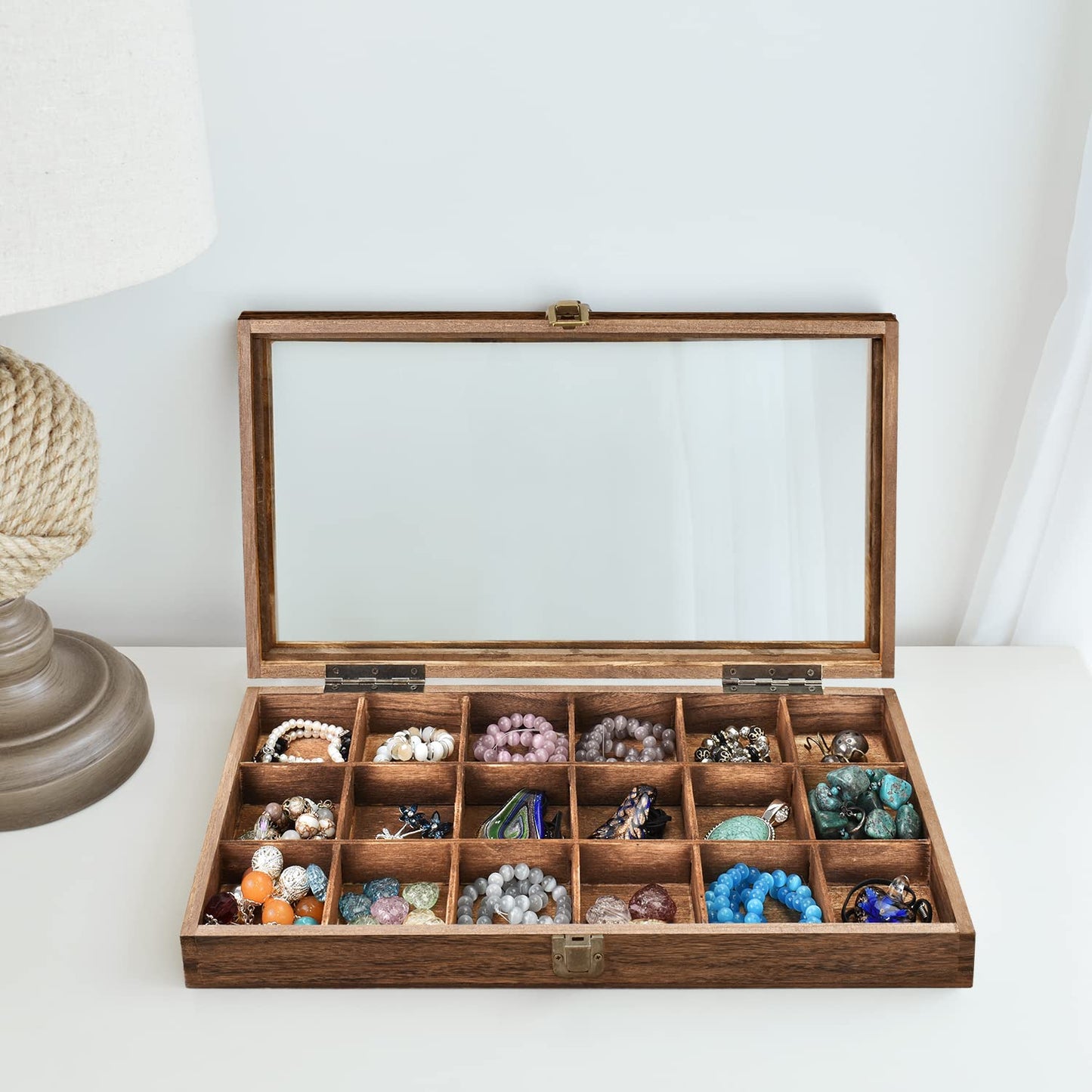 MOOCA Wooden Jewelry Display and Beads Display Storage Case with Tempered Glass Lid , 18 Compartments, 15" W x 8 3/8" L x 2 1/8" H, Brown Color