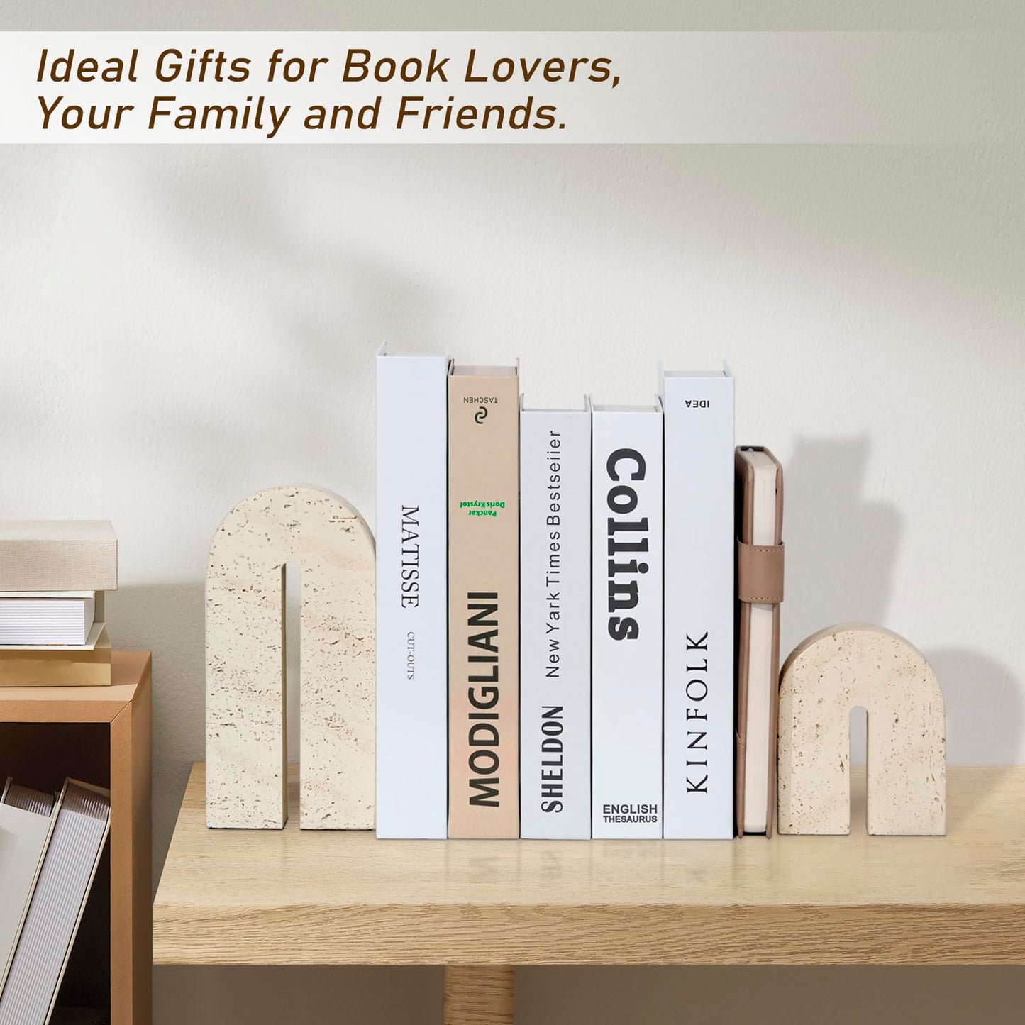 BOHDK Book Ends for Shelves, Resin Heavy Duty Decorative Bookends, Retro Arch Book Holder for Heavy Books, Imitation Travertine Book Stopper for Home Decor, Study, Bookshelf, Desktop, Set of Two