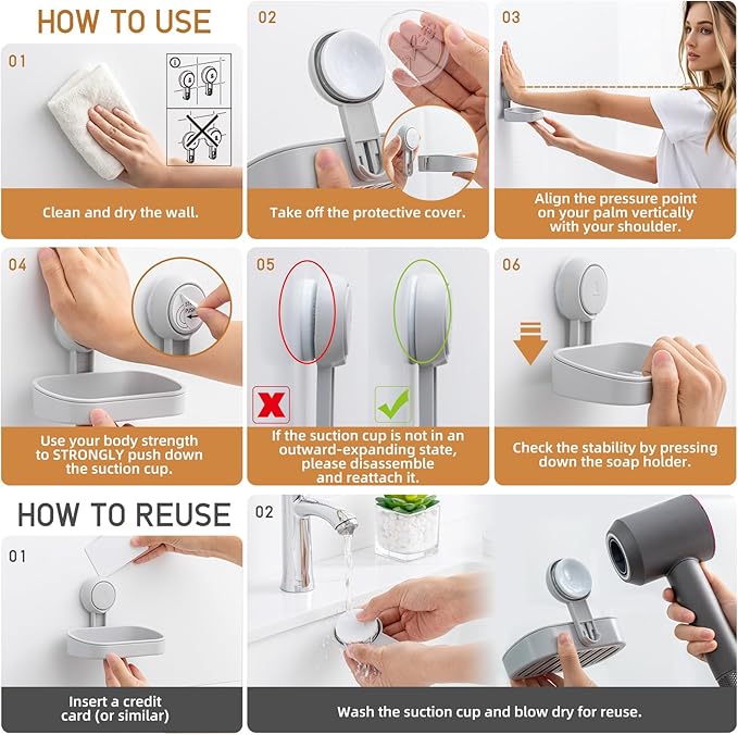 LEVERLOC Soap Dish Holder for Shower Suction Cup Wall Mounted Self Draining