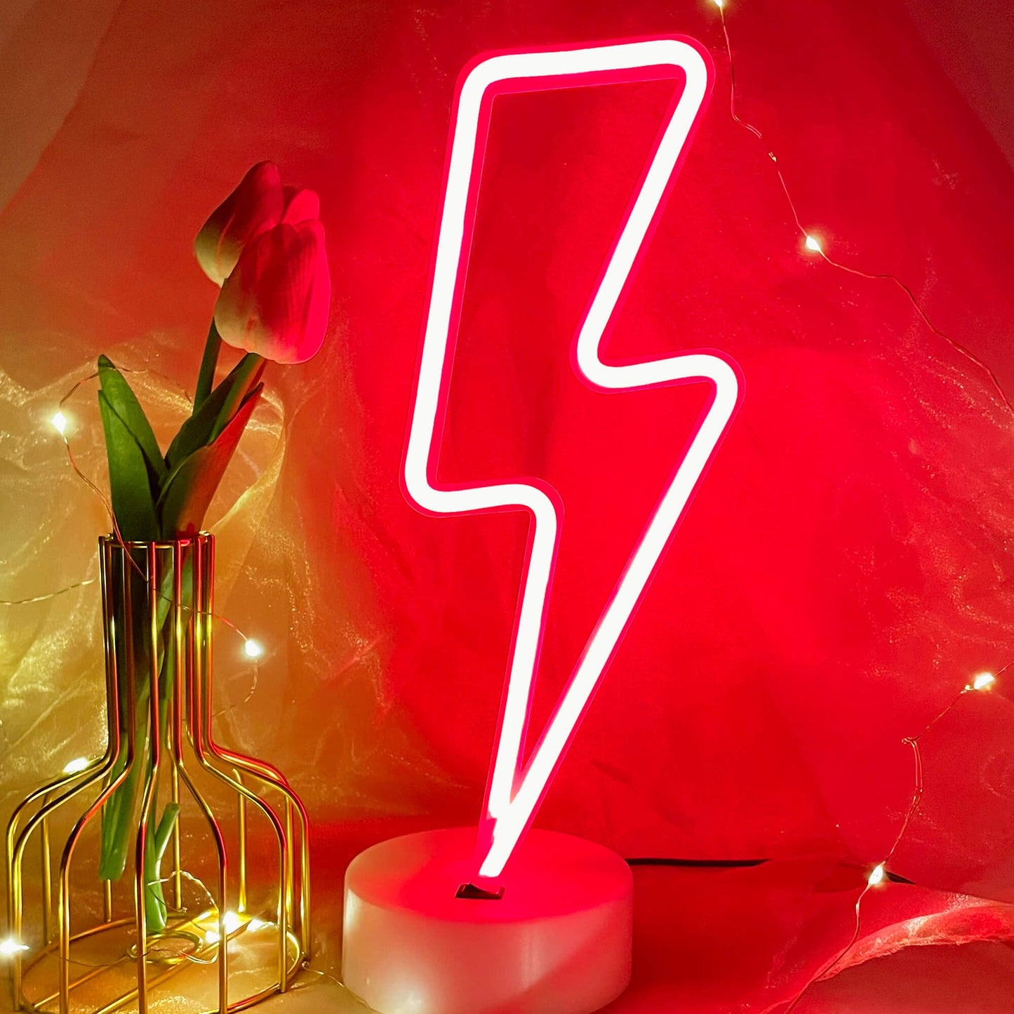 VIFULIN Lightning Bolt Neon Signs Red Lightning Neon Sign Light for Bedroom, USB/Battery Operated Thunder Lamp Neon Sign, Stand Lightning Shape LED Sign Decor for Shelf Desk Table Game Room Man Cave