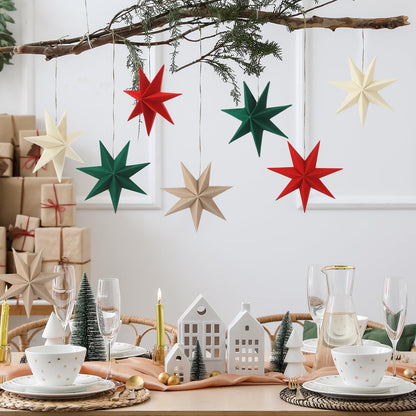 VIHOSE 12 Pcs Velvet Christmas Paper Star Ornaments 4 Inch Neutral Flocked Christmas Hanging Paper Ornament 7 Pointed Xmas Decorations for Xmas Tree Party Indoor Home Door Window