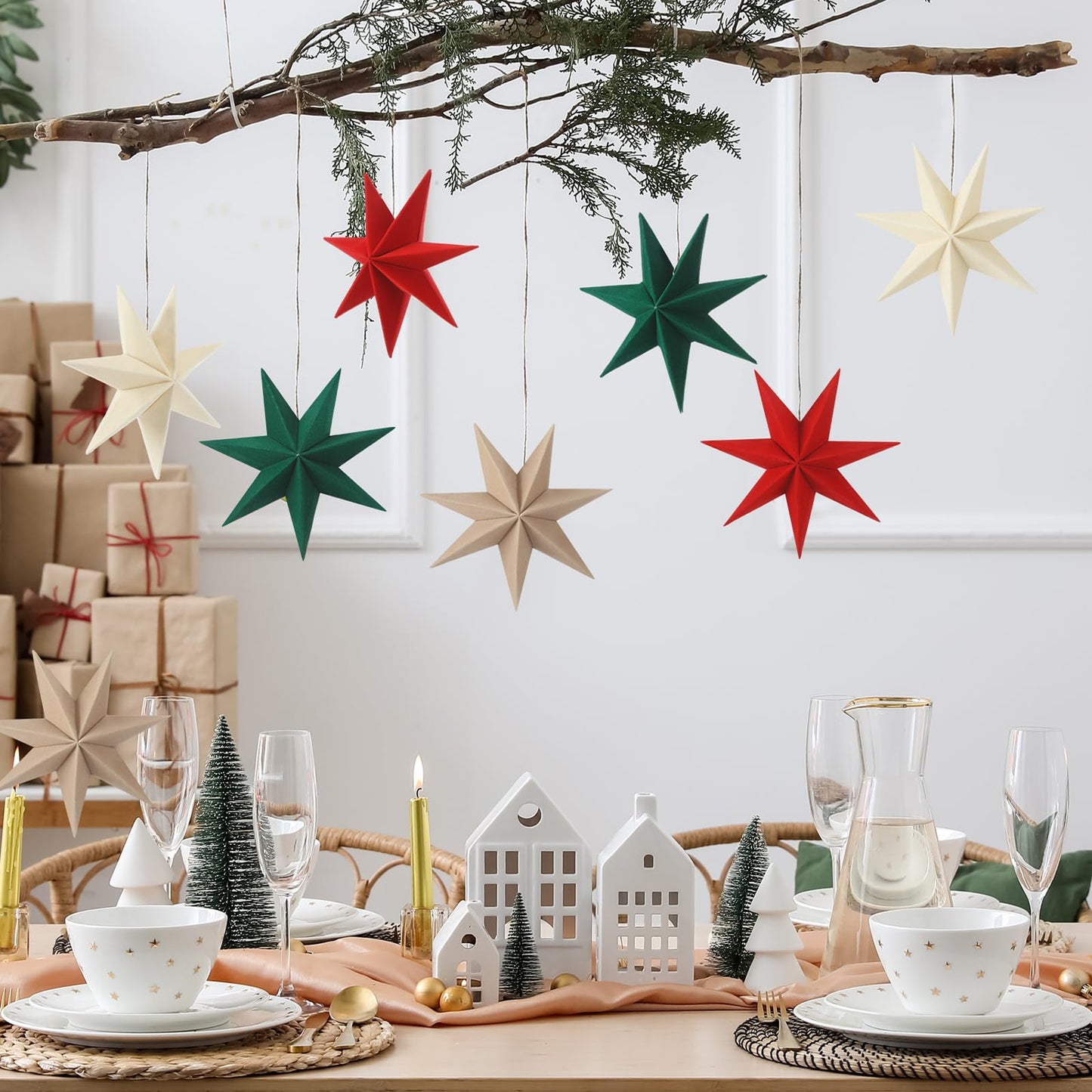 VIHOSE 12 Pcs Velvet Christmas Paper Star Ornaments 4 Inch Neutral Flocked Christmas Hanging Paper Ornament 7 Pointed Xmas Decorations for Xmas Tree Party Indoor Home Door Window