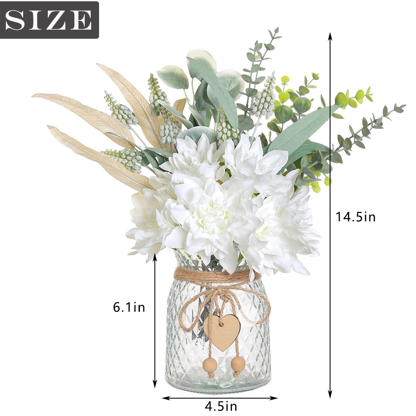 Faux Flowers with Vase,Artificial Silk Flowers in Vase, Fake Plant Eucalyptus and Willow,Flower Arrangement for Home Farmhouse kitchen Dining Table Centerpiece Decorations Coffee Table Decor (White)