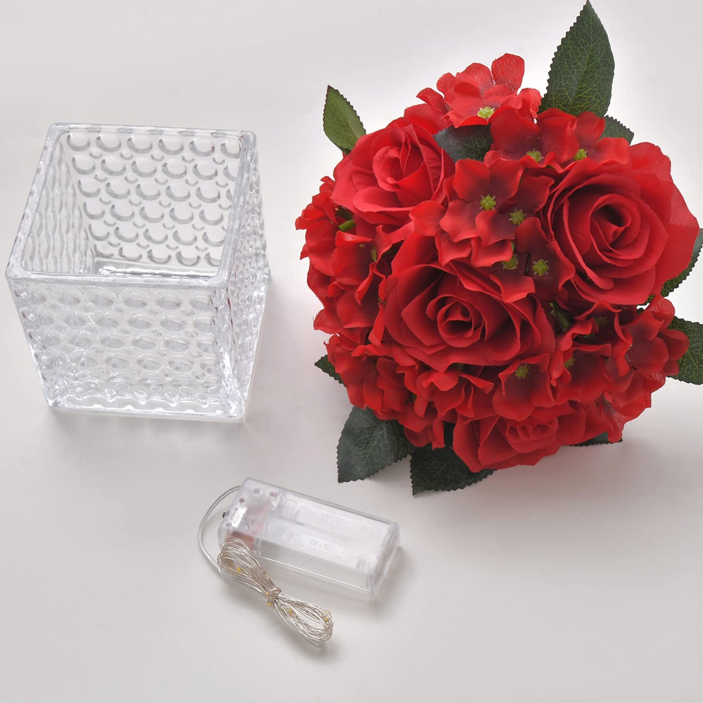 Fule Artificial Silk Rose Flower Centerpiece Arrangement in Glass Vase with LED Light for Home Wedding Decoration (Red)