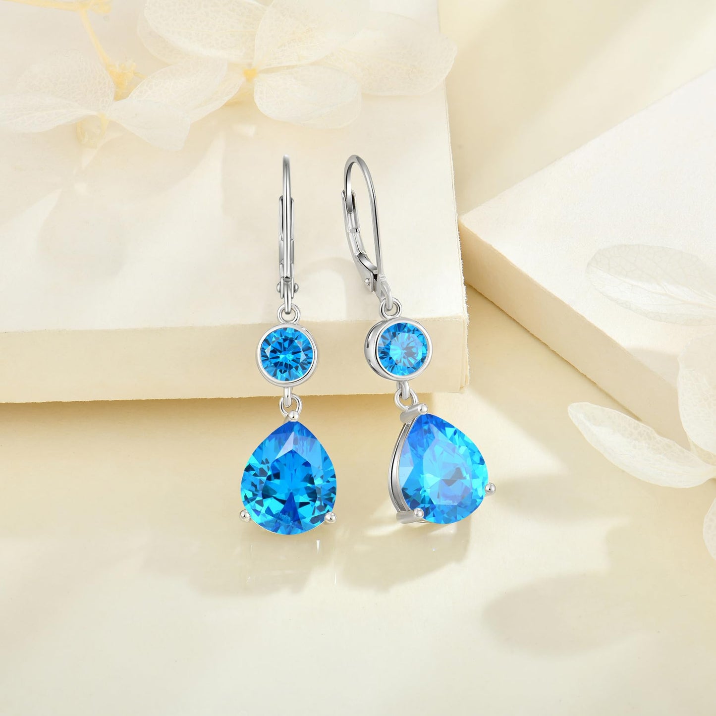 FYNSBLE Aquamarine Earrings for Women Sterling Silver Dangle Drop Leverback Earrings Hypoallergenic Jewelry Birthday for Women