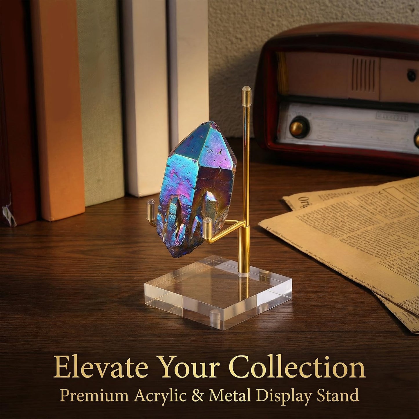 Oqqlin 12 Pcs Crystal Display Stand, 2 x 2 x 3.5 Inch Gold Rock Crystal Stand with Acrylic Base Adjustable Metal Arm Display Stands for Mineral, Agate, Geode, Picture