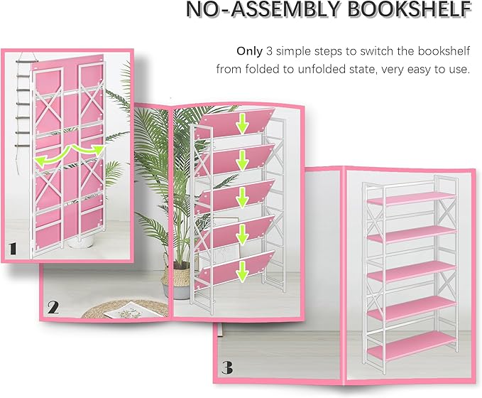 4NM Extra Wide 5 Tiers No Assembly Book Shelves, 51.2" H Folding Bookshelf