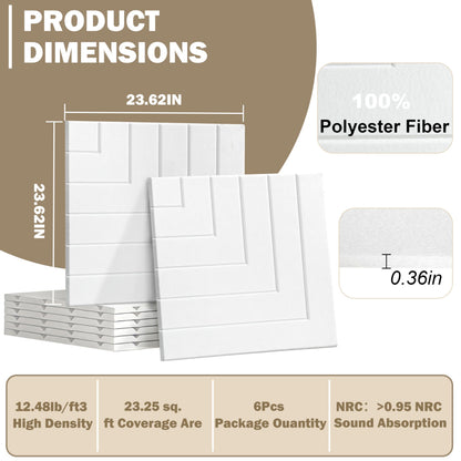 KERRAM 6 Pack Acoustic Panels, 23.6x23.6 Inch Sound Proof Panels for Walls, Self-Adhesive High-Density Decorative Sound Dampening Panels for Recording, Bedding Room, Media Room, Office and Studio
