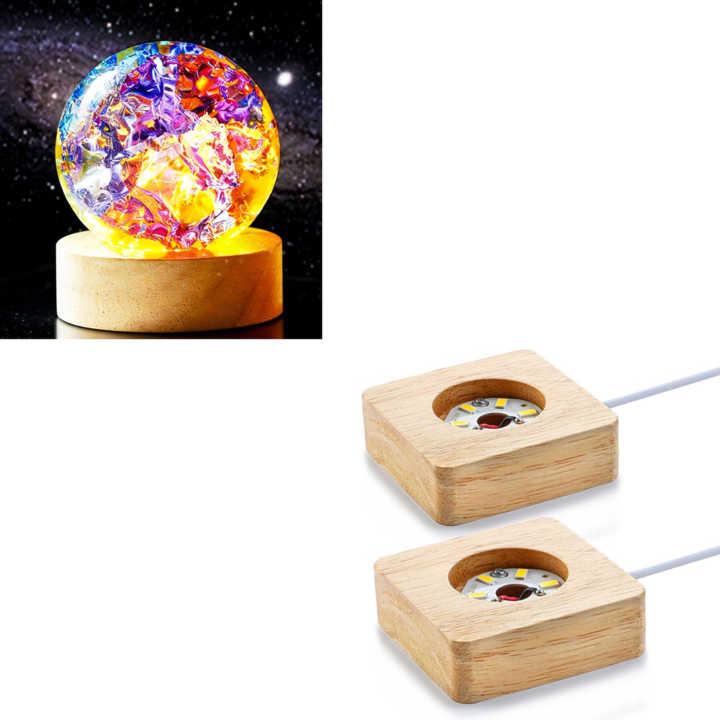 LOULIQIGIFT Colorful Ice Cracked Crystal Balls with Wooden Light Base 60mm Glass Spheres and 2Pcs LED Wooden Display Base for Crystal Glass Art Square Wooden Lamp Base