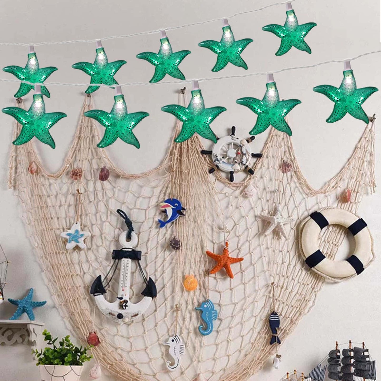 Ocean Themed Starfish String Lights 8.3Ft Marine Fairy String Lights 10 LED Green Starfish Lights, Waterproof Connectable Hanging Tropical Lights for Ocean Room Patio Garden Decor, Warm White