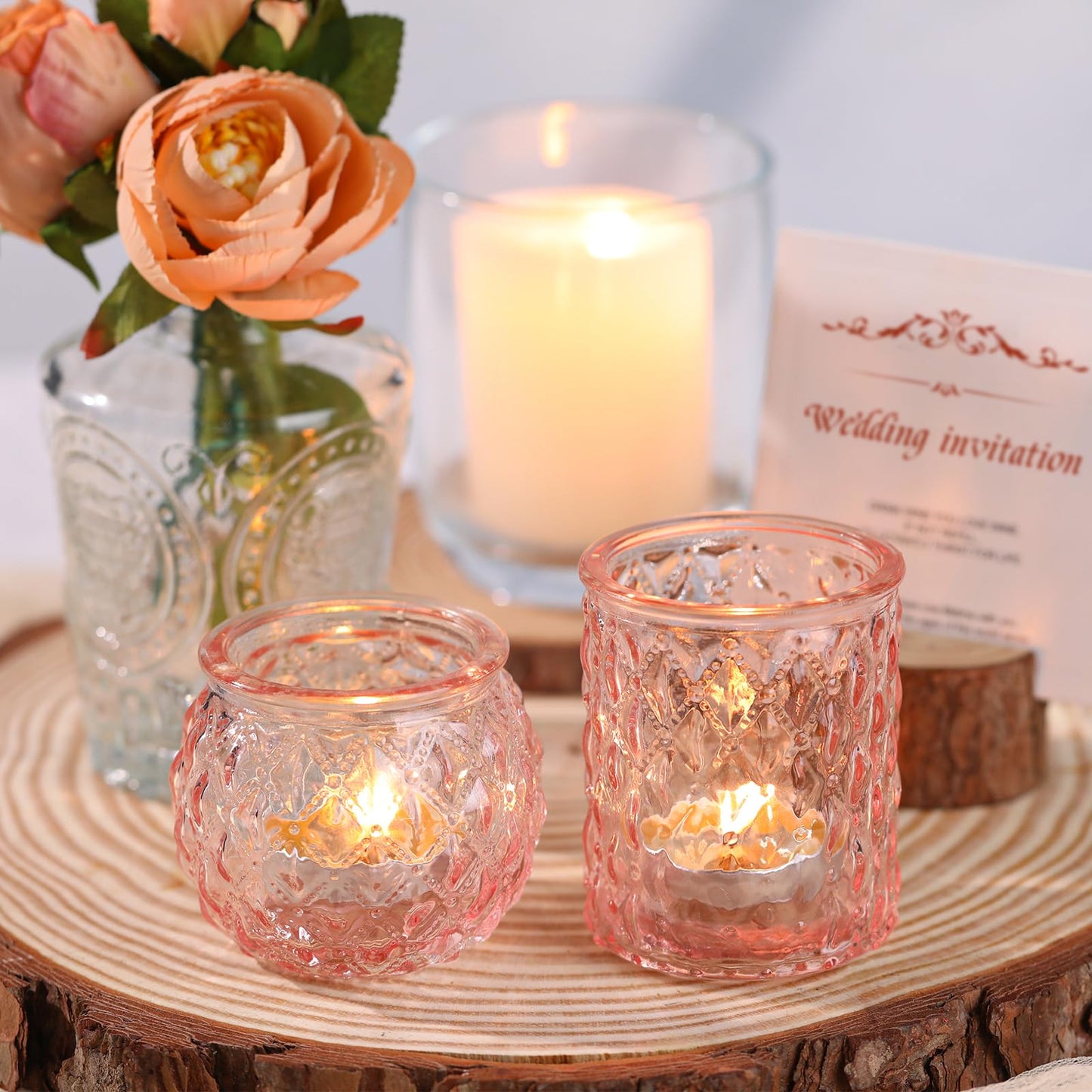 DARJEN Pink Votive Candle Holders Set of 24- Round Glass Candle Holders Bulk for Flameless LED Tea Waxes, Romantic Candle Holder for Wedding & Various Parties, Home Table Decor