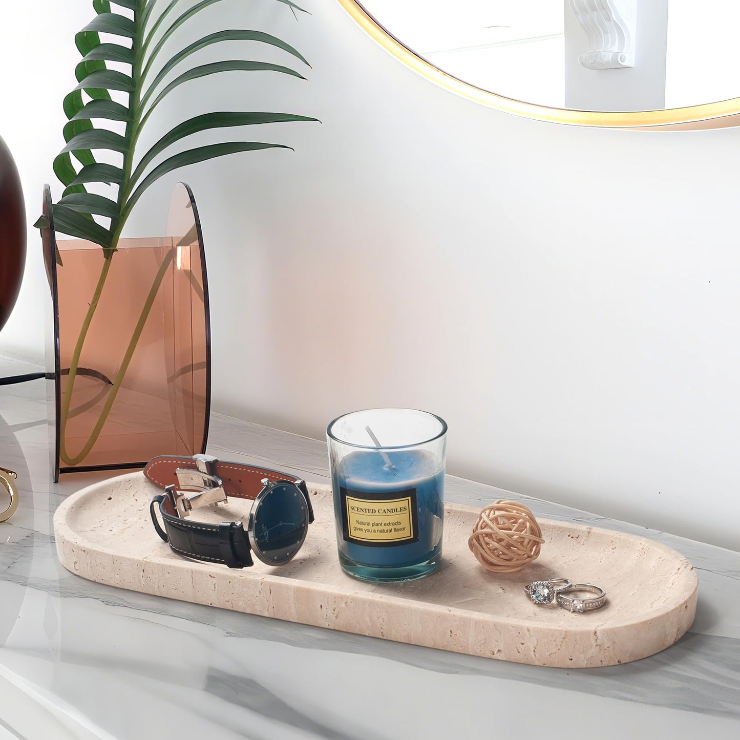 Oval Travertine Stone Tray for Jewelry, Candles, Perfume, Decorative Marble Bathroom Tray for Countertop Organizer 11.8inch x 4.3inch x 0.7inch