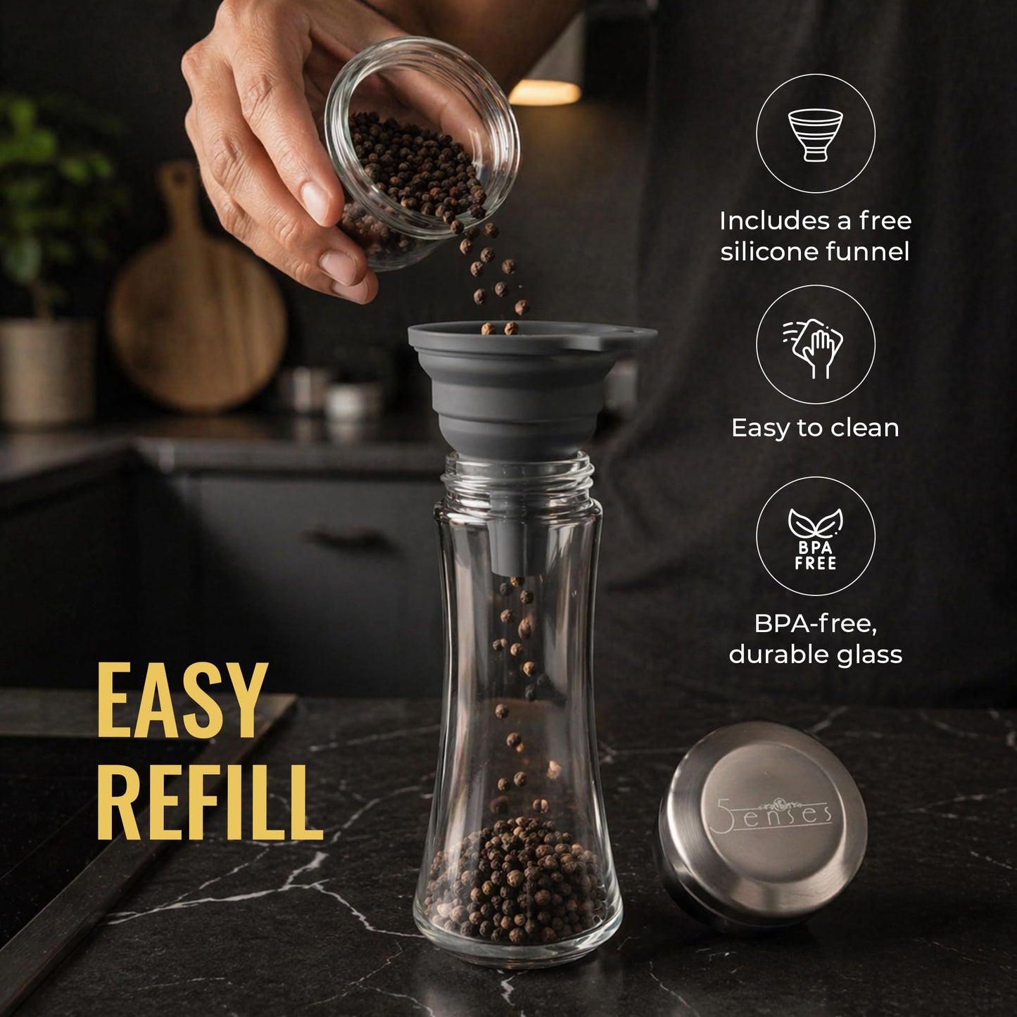 5Senses SpiceCare Salt and Pepper Grinder Set of 2 (200ml) | Stainless Steel & Glass Manual Pepper Mill | Adjustable Ceramic Coarseness | Refillable Salt Shaker for Peppercorns, Sea Salt & Spices