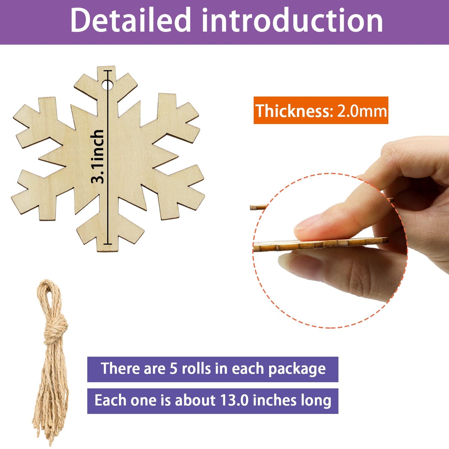 50Pcs DIY Wooden Christmas Ornaments Wooden Snowflakes for Crafts Unfinished Snowflakes Wood Ornaments with Hole, Predrilled Wood Snowflake Cutouts for Crafts Paints Christmas Tree Hanging Decor