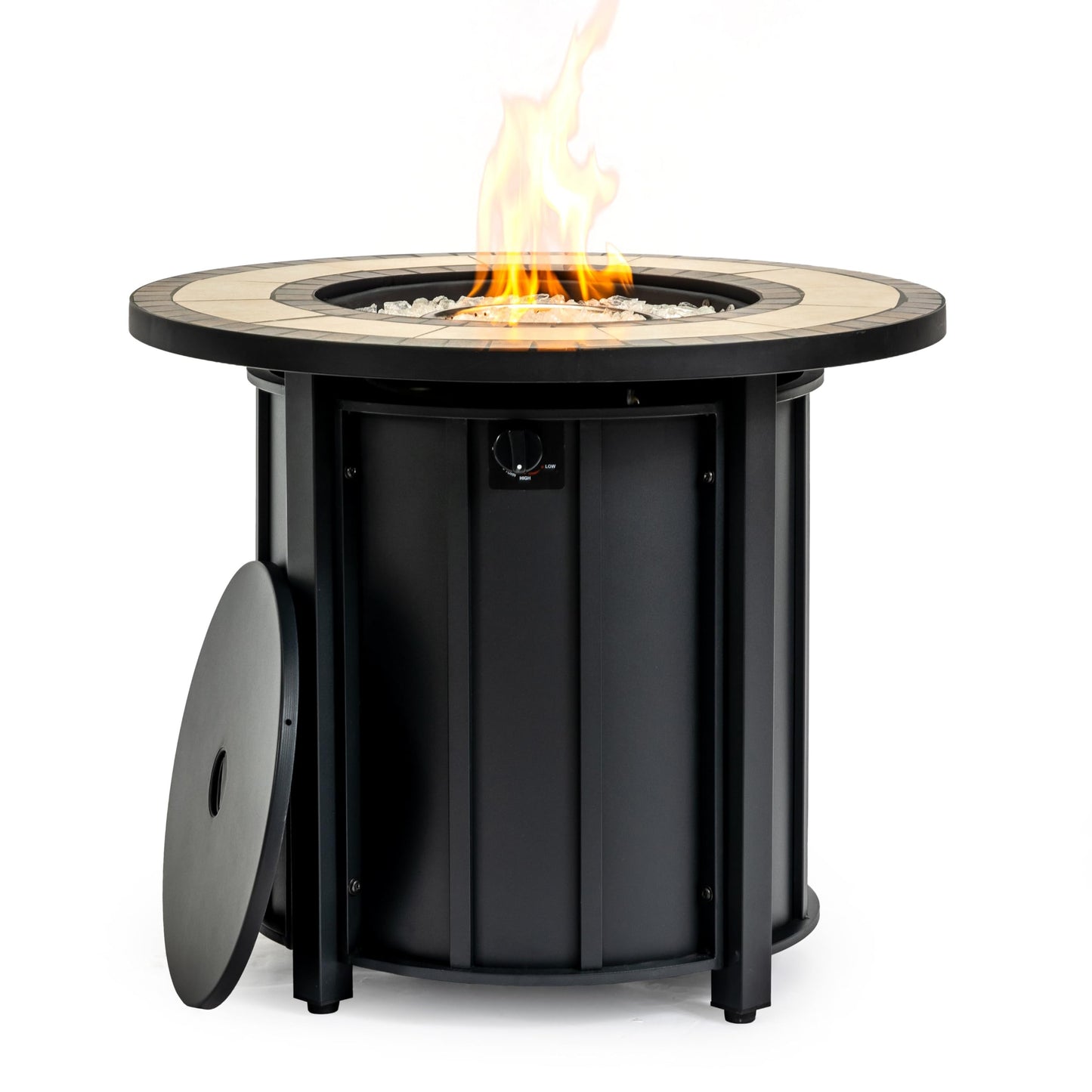 30" Propane Gas Fire Pit Table, 50000 BTU Round Outdoor Fire Pit with Mosaic Ceramic Tabletop, Steel Patio Fire Table with Lid & Rain Cover for Backyard Deck Garden, Black