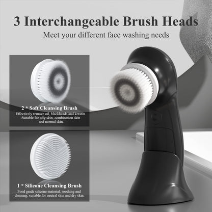 TOUCHBeauty Facial Cleansing Brush Electric, Face Cleansing Brush with Stand, 3 Brush Heads, 2 Speeds, IPX5 Waterproof, Battery-Powered, Suitable for All Skin Types, TB-0759D
