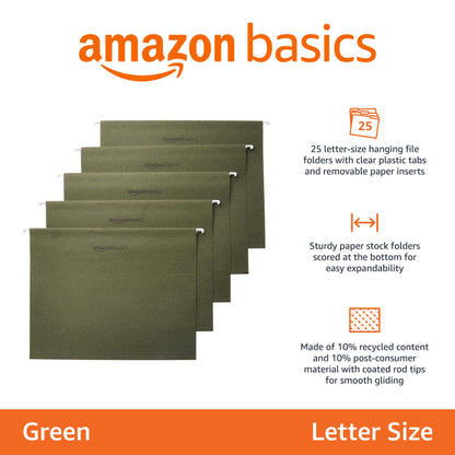 Amazon Basics Hanging Organizer File Folders for Efficient Filing, Sturdy, Adjustable Tabs, Letter Size, Pack of 25, Green