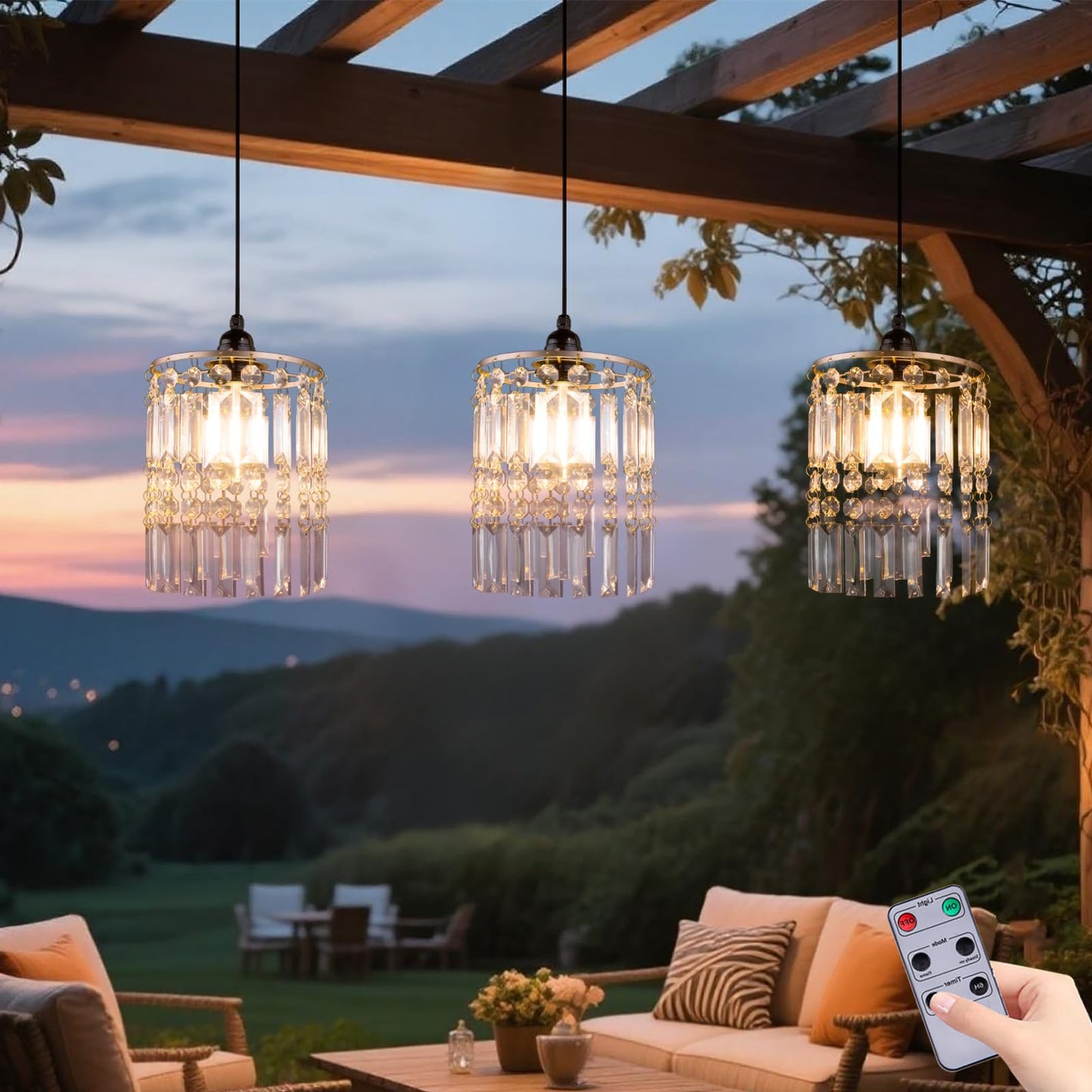 TWINKVILLA Battery Operated Chandelier, 3Pack Hanging Gazebo Lights, Acrylic Crystal Beaded Pendant Lights Outdoor Waterproof for Patio Tree Pergola Porch and Indoor Decor (3)