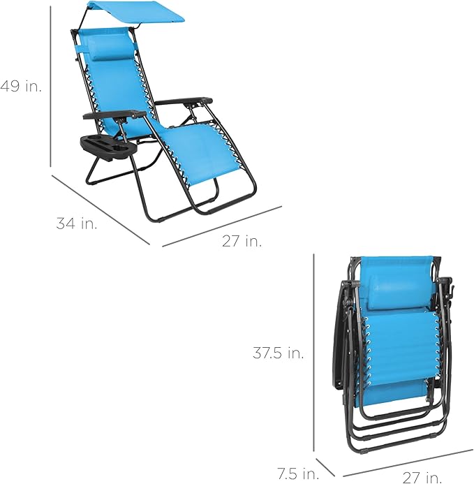 Best Choice Products Folding Zero Gravity Outdoor Recliner Patio Lounge Chair w/Adjustable Canopy Shade, Headrest, Side Accessory Tray, Textilene Mesh - Light Blue