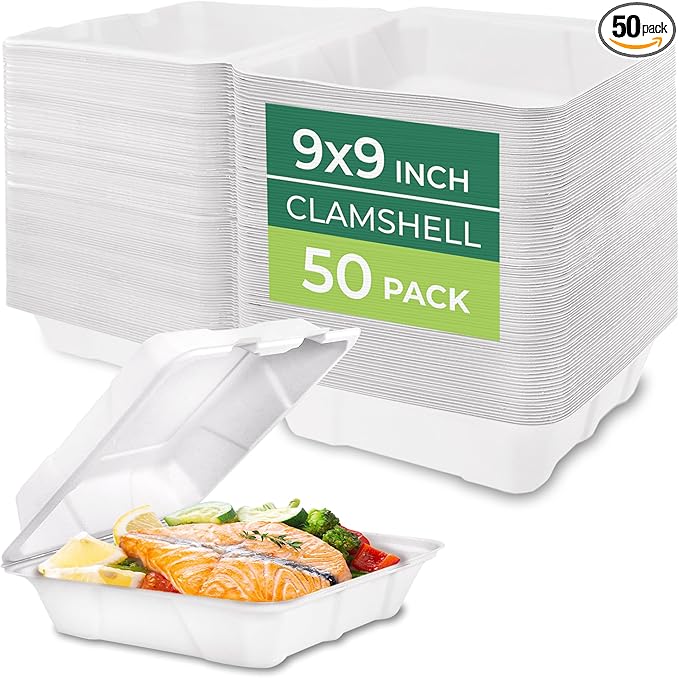 Freshware Compostable 9x9" Clamshell Take Out Food Containers
