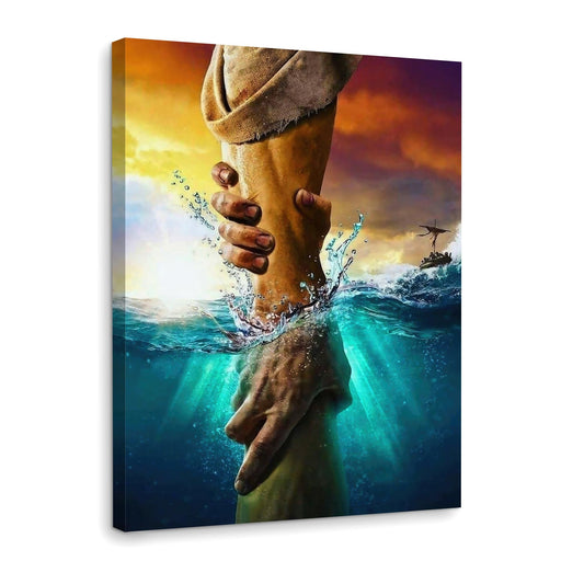Framed Jesus Christ Canvas Wall Art The Hand of God Jesus Reaching Into Water Christian Painting Prints Biblical Wall Decor Religious Room Decor for Church Prayer Room Schools Hospitals 12" x 16"