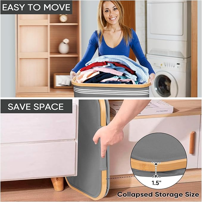 BALEINE Laundry Hamper with Lid, Tall Laundry Baskets with Bamboo Pull Handles