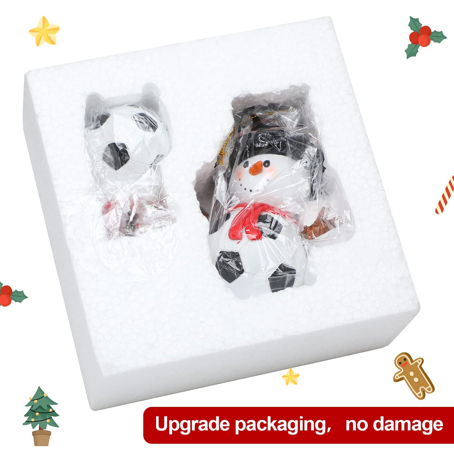 Jetec 2 Pieces Christmas Hat Soccer Ornament Snowman Hanging Ornament Xmas Reindeer Soccer Pendent Resin Snowman Decoration Christmas Tree Decoration for Fireplace Bedside Desks Shelf