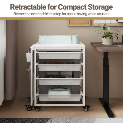 Rolling Craft Storage Cart with Wheels & Mesh Drawers, Extendable Craft Table with Pegboard Organizer, Muti-Functional Work Table for Sewing, Arts and Crafts, Scrapbooking Storage,3D Printers (White)