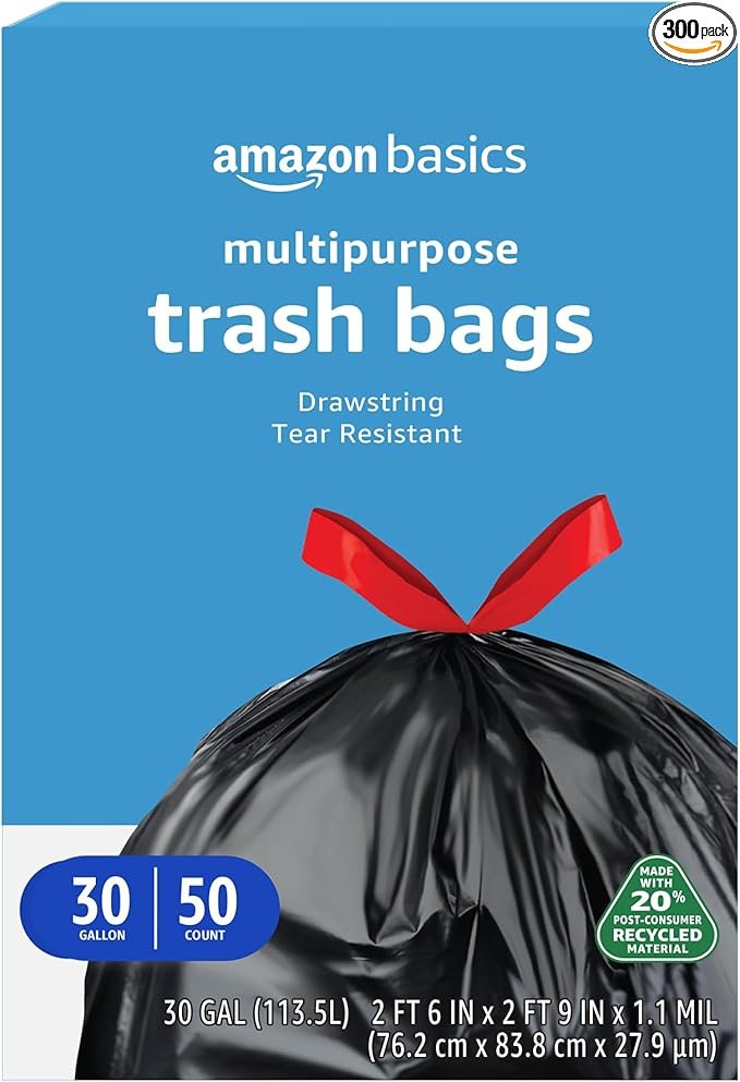 Amazon Basics 30 Gallon Multipurpose Drawstring Trash Bags, 20% Post Consumer