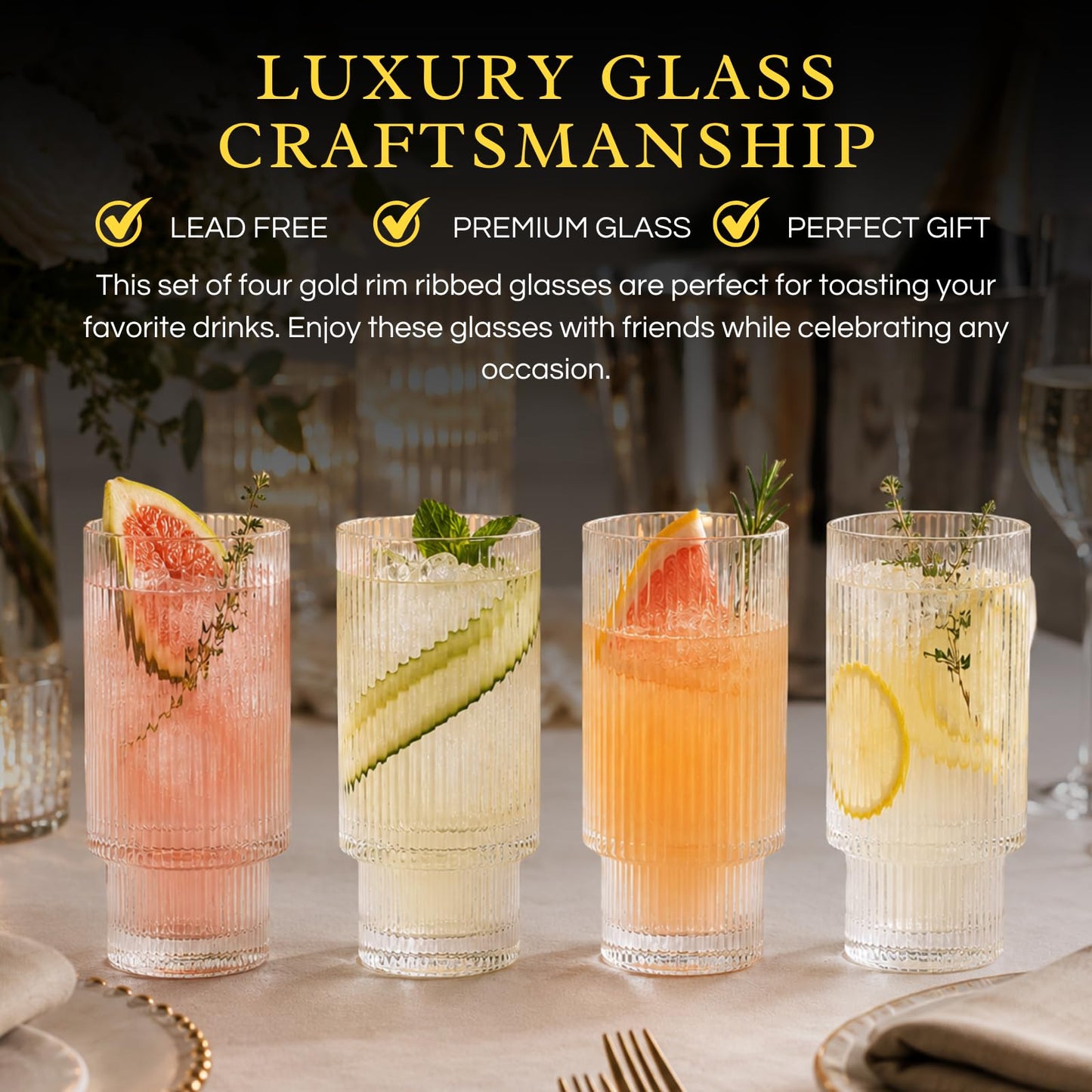Vintage Art Deco Crystal Highball Ribbed Glass Set of 4 - Ripple, Collins Glassware 14oz Classic Crystal Cocktail Glasses Perfect for Water, Champagne, Beer, Juice, Tom Cocktails - Barware Tumblers
