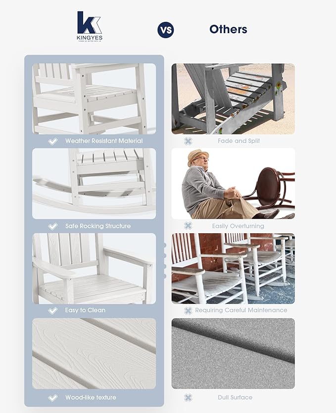 KINGYES HDPE Outdoor Rocking Chair, Widened Seat Patio Rocking Chair, Oversized All Weather Patio Rocker, White
