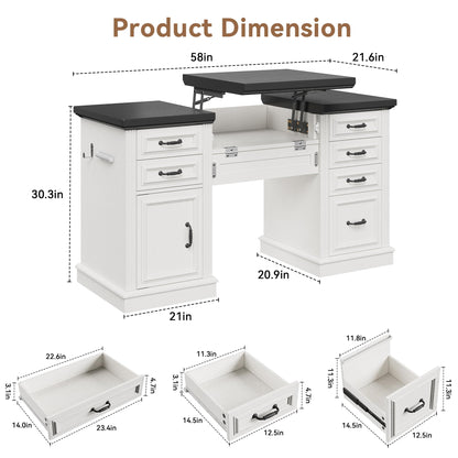 Jocoevol 57" Lift Executive Desk with Drawers, Farmhouse Home Office Desk with File Cabinet Storage, Computer Desk with Charging Station & Headphone Hook for Work/Study/Writing (White & Black, Lift)