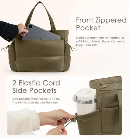 Tote Bag for Women Puffy Work Bags for Women with Zipper Lightweight Quilted Puffer Tote Bag for Travel, Teacher, Nurse (Deep Olive Green)
