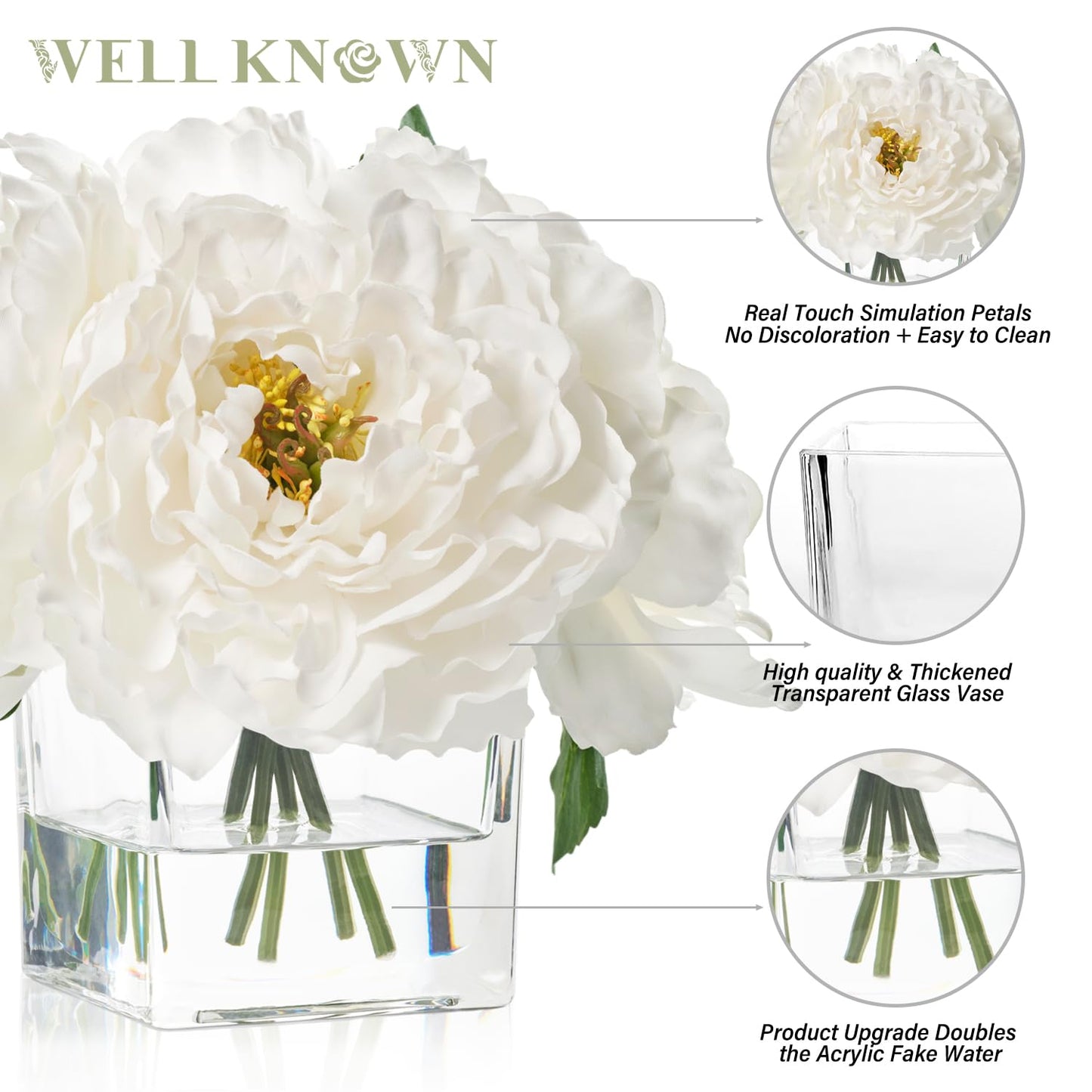 Artificial Peonies Flowers Arrangement in Cube Glass Vase, WELLKNOWN Ivory White Silk Flowers Centerpiece for Home Party Wedding Dining Coffee Table Decor, Faux Peony Flower Bouquet with Fake Water